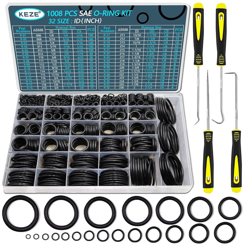 Keze 1008 Pcs SAE O Ring Kit,32 Sizes USA Standard Nitrile 70A Rubber Seals Inch O Rings Set with 4 Pieces O Rings Remover Tools for Faucet Automotive Hydraulic Plumbing AS568:006-226 - Image 1